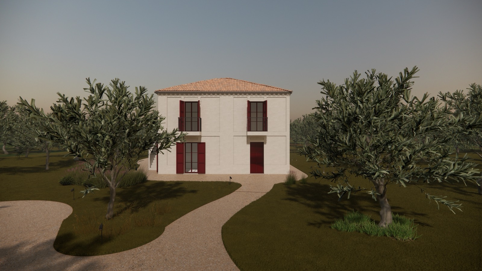 Casa 47 — white villa with burgundy shutters framed by olive trees at dusk