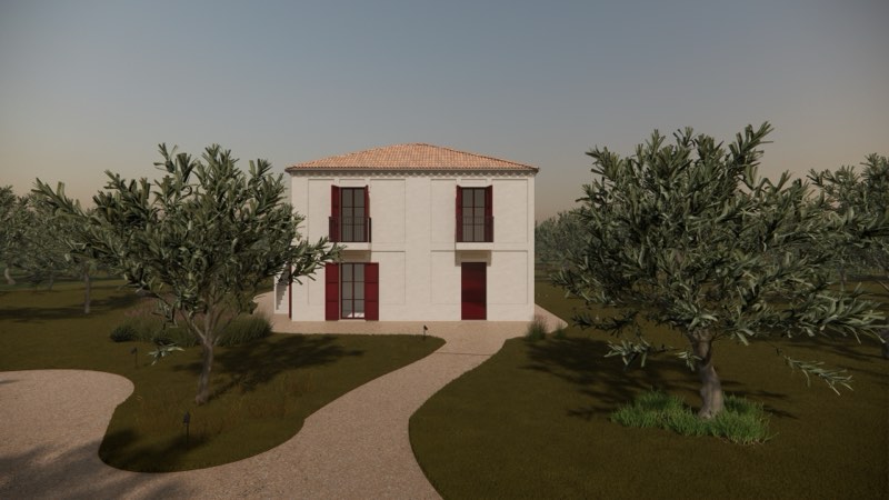 Casa 47 — countryside villa with burgundy shutters in an olive grove