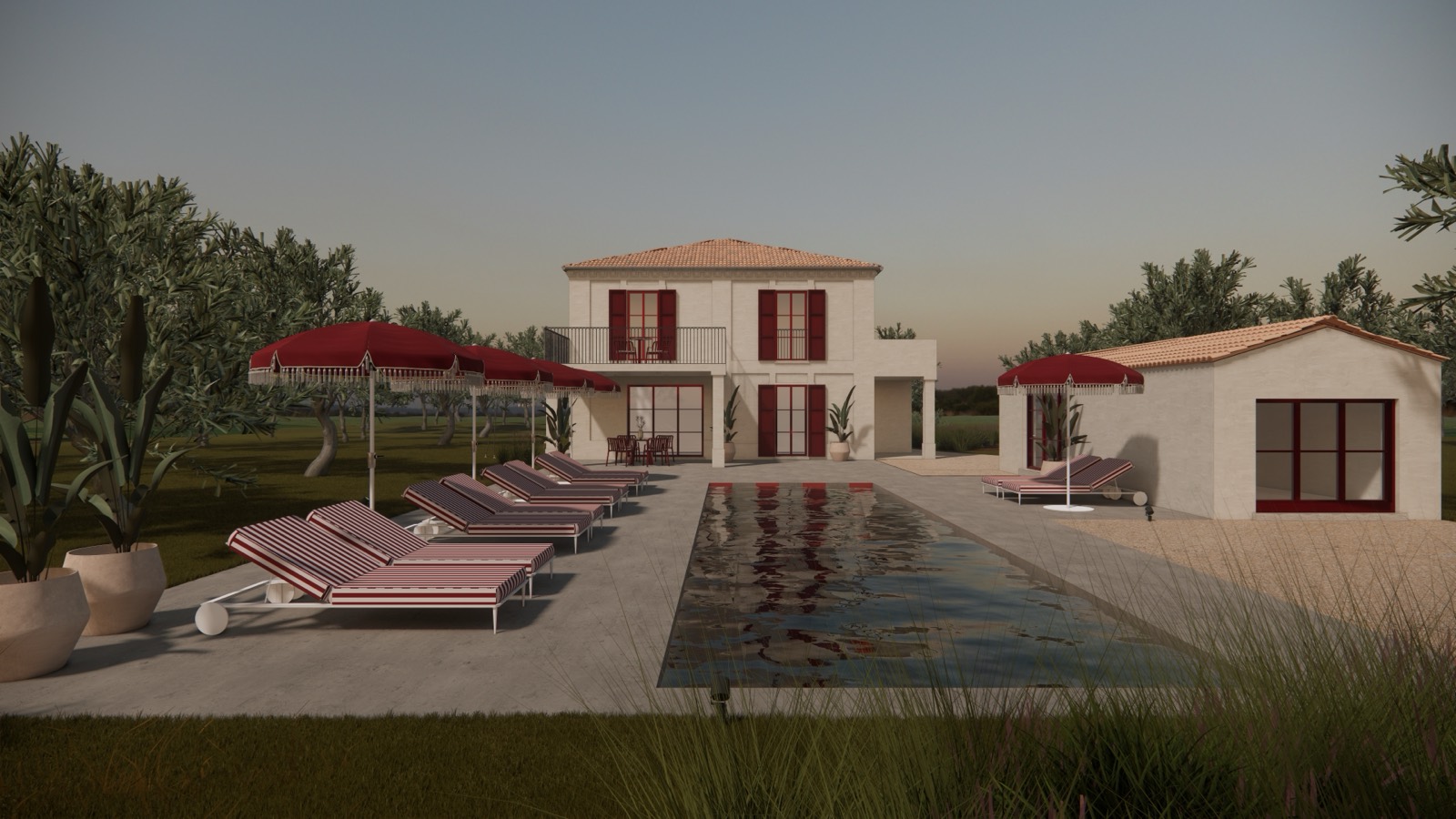 Casa 47 — villa and pool terrace with red parasols