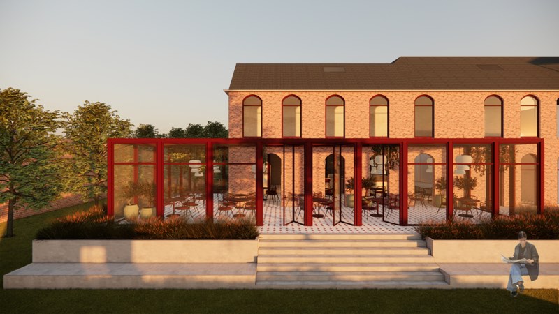 Depot 2300 — historic brick depot with red-steel glass garden room