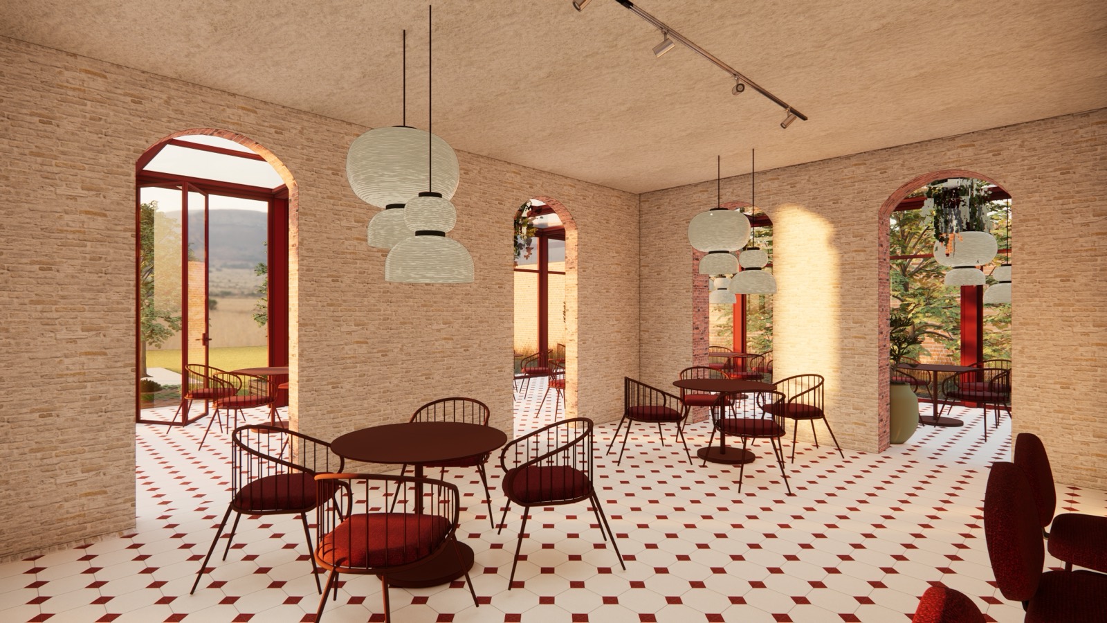 Depot 2300 interior — glazed garden room with checkerboard tiling