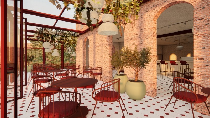 Depot 2300 — café seating among brick arches