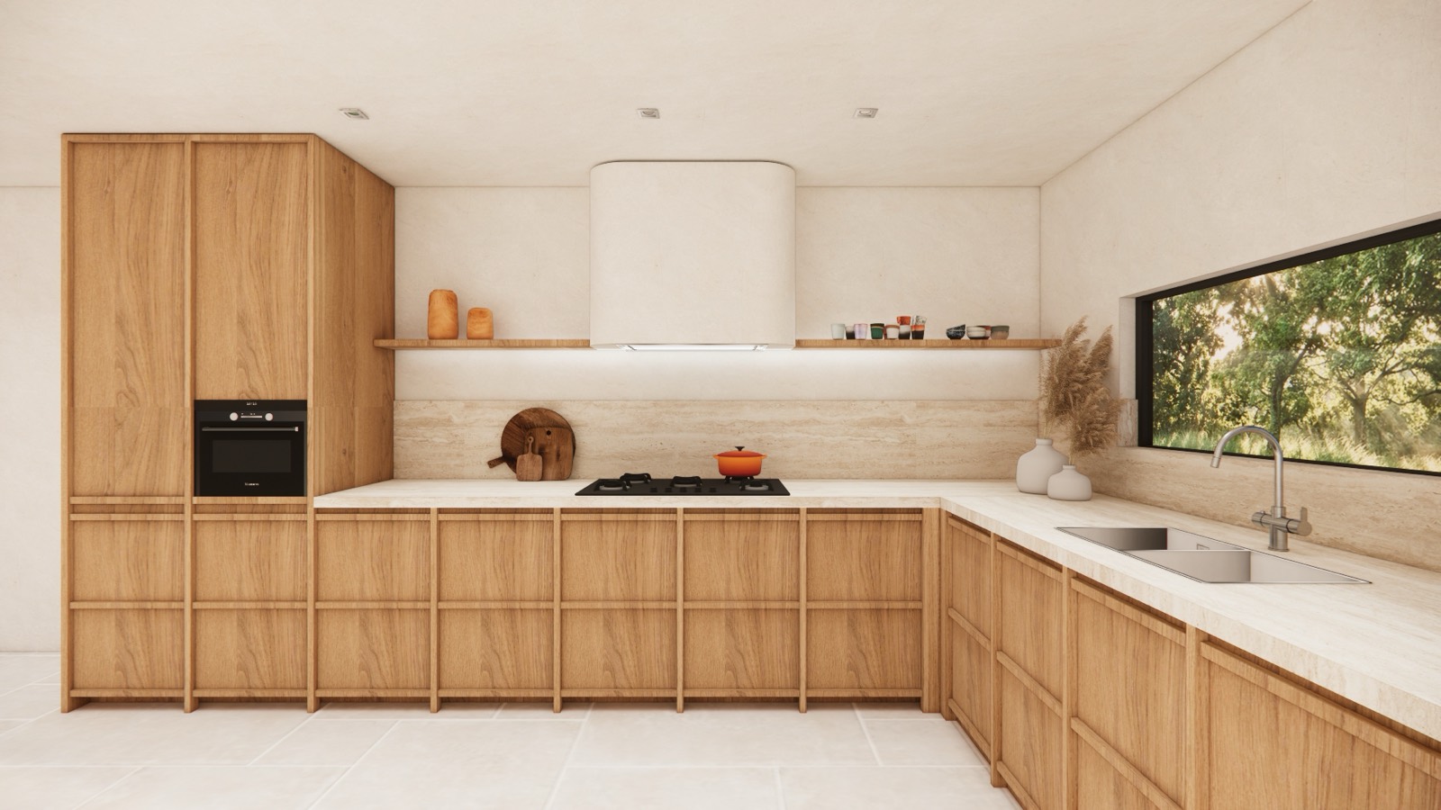Photorealistic 3D visual of a warm oak and travertine kitchen
