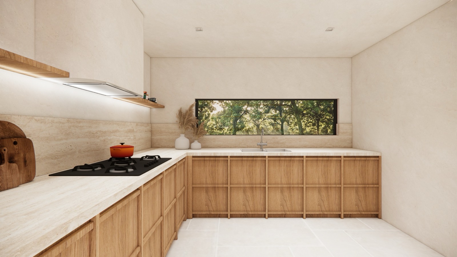 Warm wood kitchen with travertine and a long landscape window