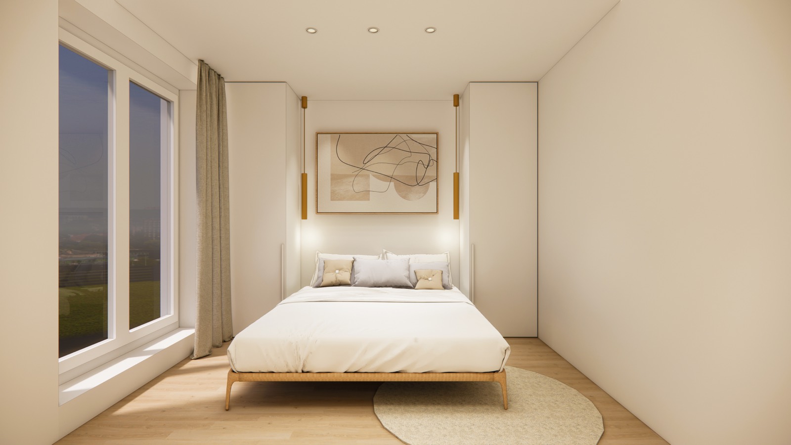 Project 62 — serene bedroom with oak bed and soft landscape view